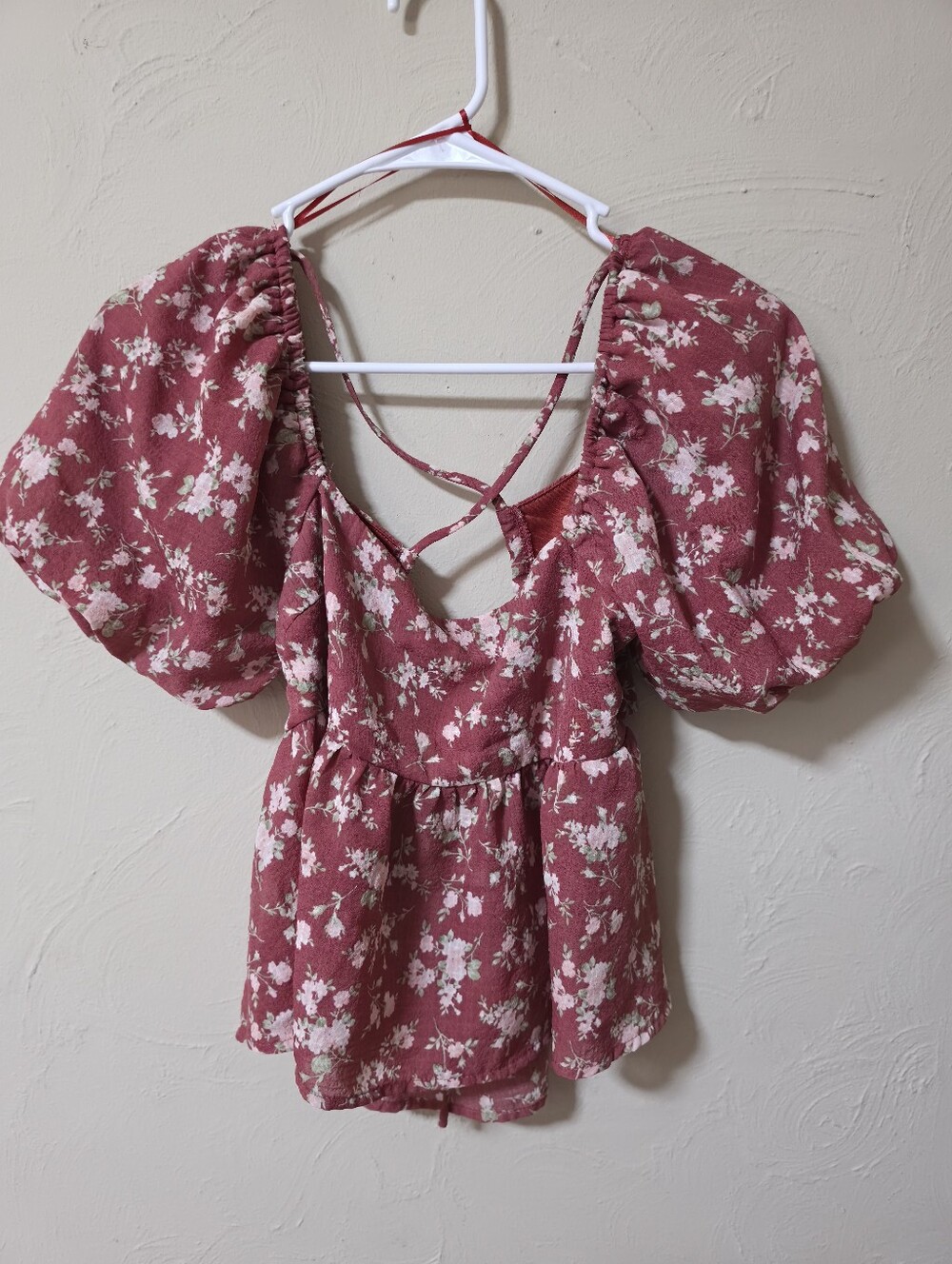 Altar'd State Floral Puff Sleeve Peplum Top in Rose Pink